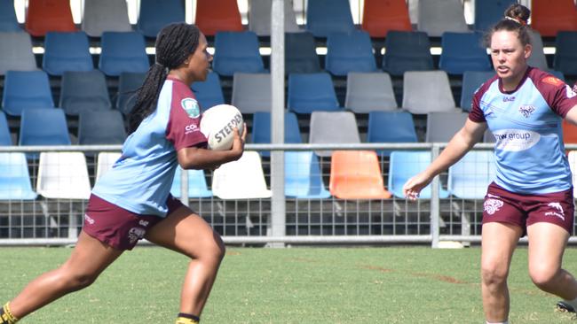 CQ Capras women go through their paces in a trial match against the clubâ€™s under-19s at Browne Park on Saturday, February 12, 2022.