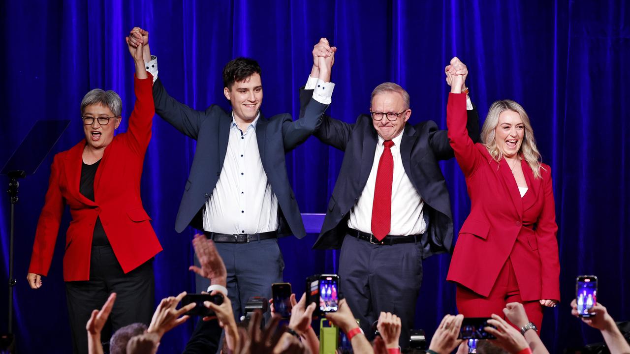Anthony Albanese wins a second term and is pictured on stage with Penny Wong, son Nathan and partner Jodie. Picture: Sam Ruttyn