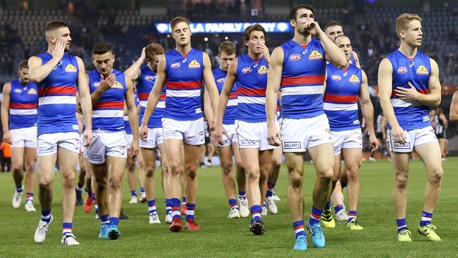 Bulldogs skipper Easton Wood leads his team off Etihad Stadium. Picture: Michael Klein