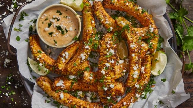 Made Famous on Social Media- Air Fried Corn Ribs with Lime and Chipotle Crema, Cotija Cheese and Cilantro