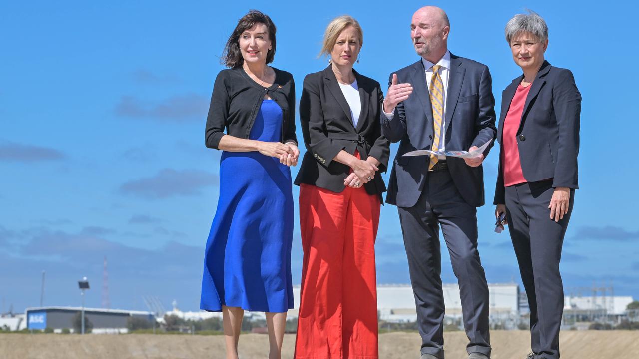 Acting Premier of South Australia, Susan Close (far left) at Snapper Point on the Port River on March 16 with Minister for Finance Katy Gallagher, Australian Naval Infrastructure CEO Andrew Seaton and Minister for Foreign Affairs Penny Wong. Picture: NCA NewsWire / Brenton Edwards