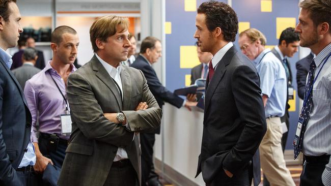 Rafe Spall, from left, Jeremy Strong, Steve Carell, Ryan Gosling and Jeffry Griffin star in <i>The Big Short</i>.