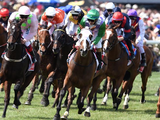 Prince of Penzance ridden by Michelle Payne heads into the final straight.