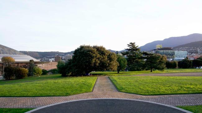 Architects renders supplied to RSL Tasmania showing the proposed Macquarie Point AFL Stadium from the Hobart Cenotaph.