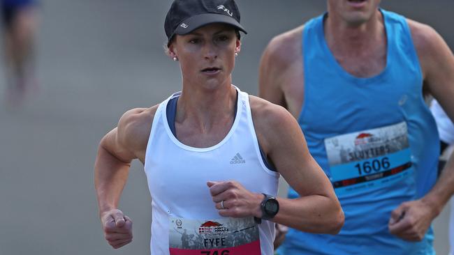 Karinna Fyfe leading the women's event in the 2019 Point to Pinnacle run. Picture: LUKE BOWDEN