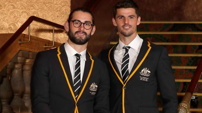 Brodie Grundy with Collingwood captain Scott Pendlebury after they were named in the All-Australian team. Picture: Michael Willson/AFL Photos via Getty Images.