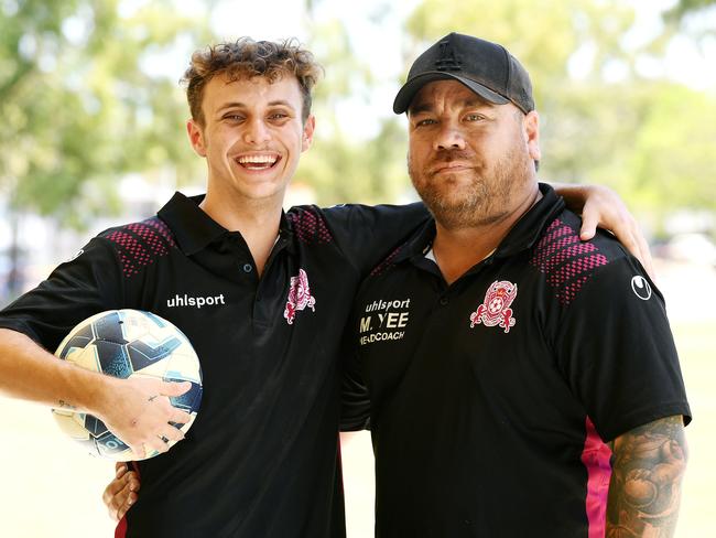 Townsville soccer player Riley Gott, pictured with his coach Matthew Yee, has signed his first professional soccer contract, joining Italy's Serie C club AC Perugia. Picture: Shae Beplate.