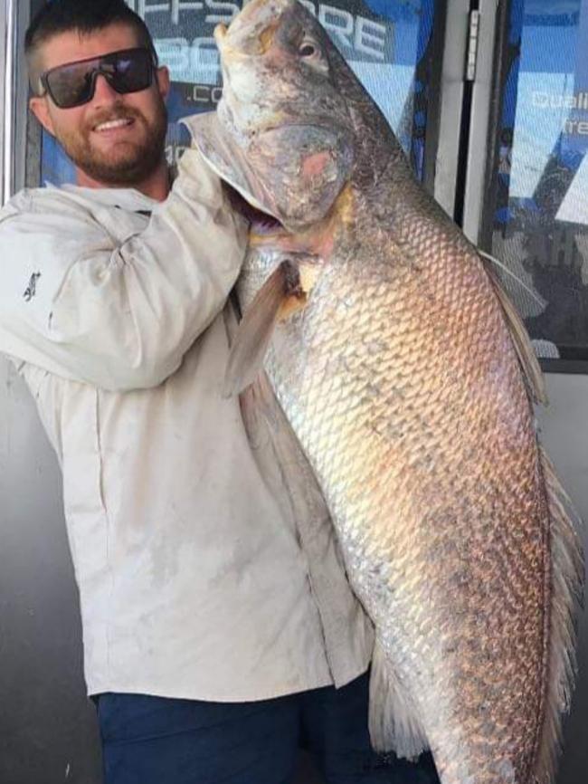 23/05/2019 - Offshore Boats skipper Jon Russo put client Ash Tasker onto this superb 143cm jewfish Picture: JON RUSSO