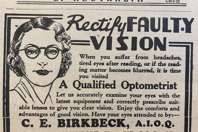 Reading glasses from CE Birkbeck. Gold Coast Bulletin advertising, 1945