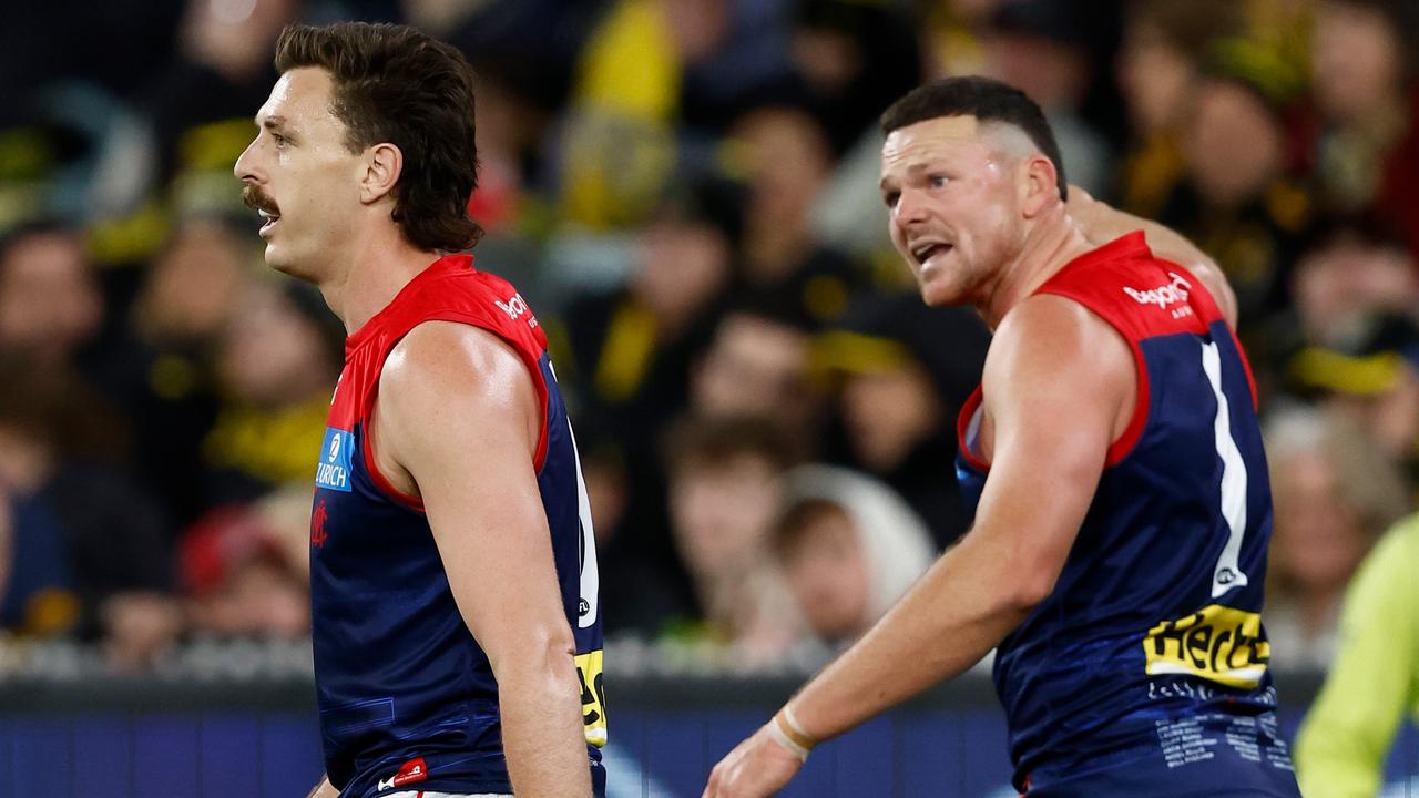 Melbourne star Steven May (right) remonstrated with his fellow backmen all the way through the Demons’ brilliant defensive performance against Geelong. Picture: Michael Willson / Getty Images