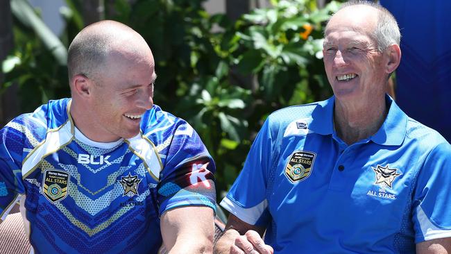 Beau Scott and Wayne Bennett at the NRL All Stars and Indigenous All Stars media session. Pics Adam Head