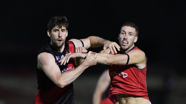 Former West Adelaide ruck Stuart Taverner (left) led Plympton to a convincing win over Kenilworth on Saturday. Picture: Mark Brake