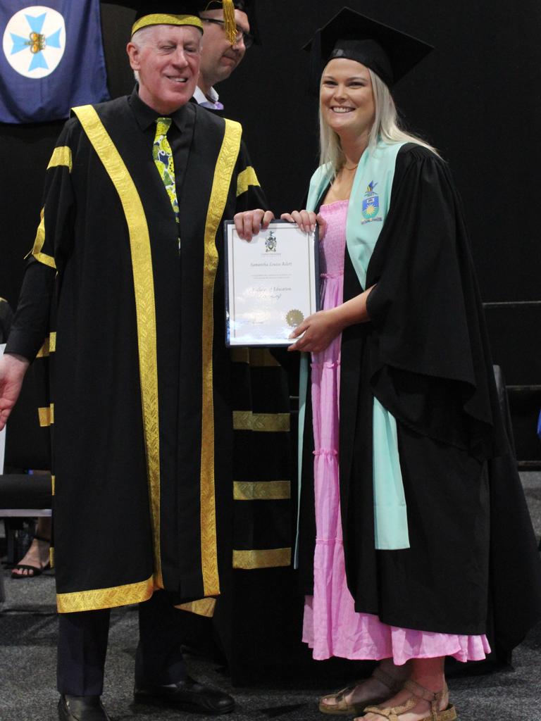 Samantha Aslett graduated with a Bachelor of Education (Primary) at the CQUniversity graduation ceremony in Bundaberg on December 14, 2023.