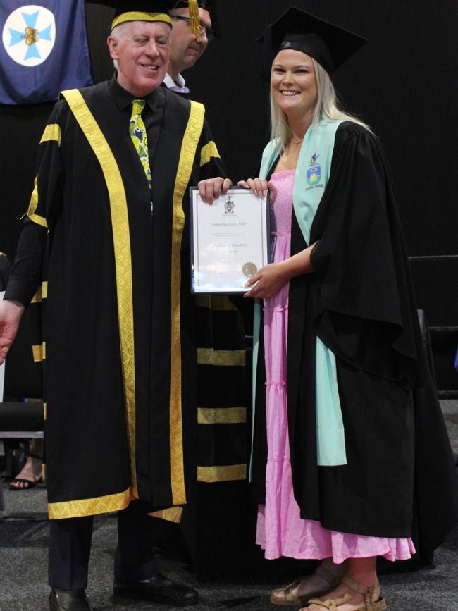 Samantha Aslett graduated with a Bachelor of Education (Primary) at the CQUniversity graduation ceremony in Bundaberg on December 14, 2023.