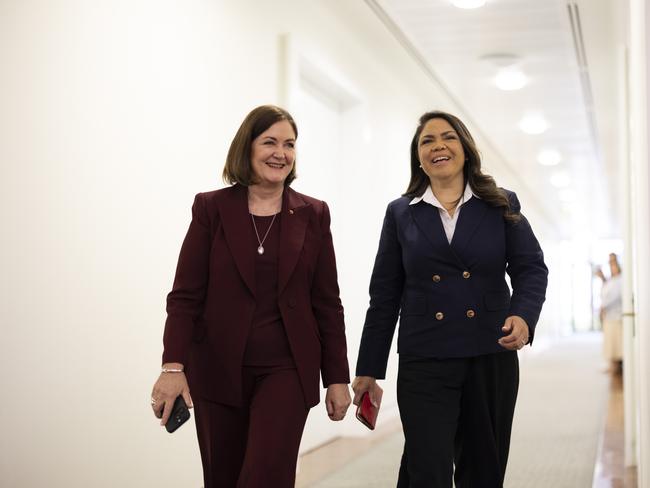 Jacinta Price, on right, leaves the meeting after the leadership vote. Picture: NewsWire / David Beach