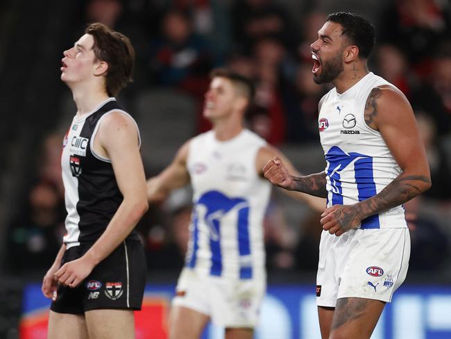 MELBOURNE, AUSTRALIA - July 23 , 2023. AFL . Tarryn Thomas of the Kangaroos celebrates a 2nd quarter goal during the round 19 match between St Kilda and North Melbourne at Marvel Stadium on July 23, 2023, in Melbourne, Australia. Photo by Michael Klein.