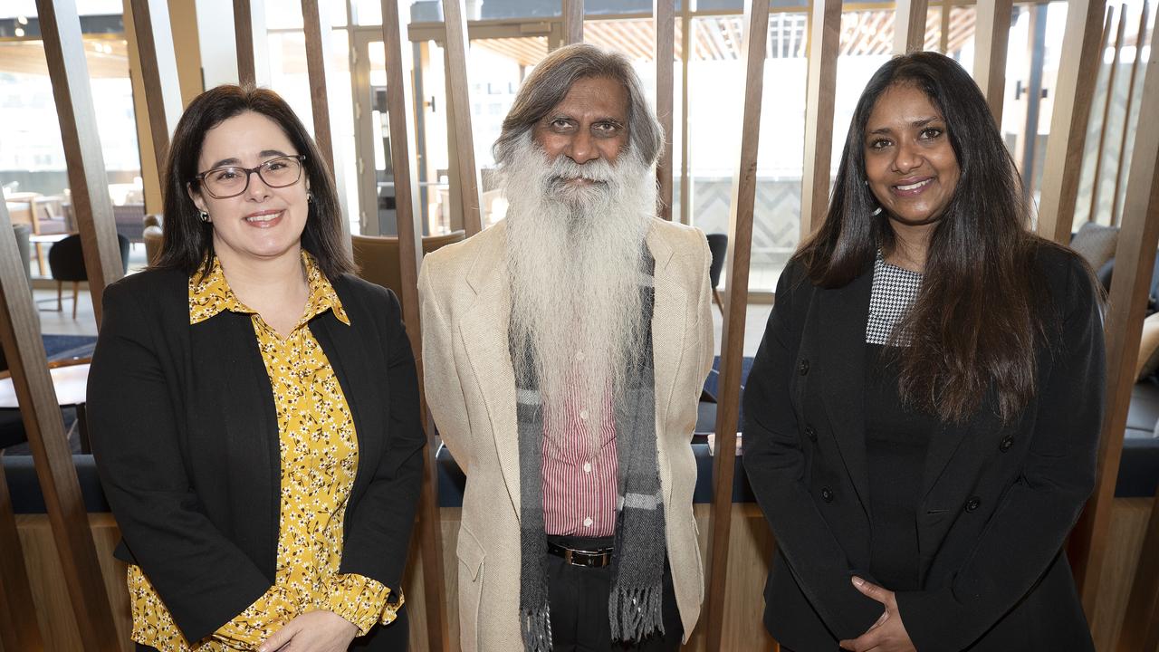 (L-R) Ella Haddad, Mike Dutta and Zelinda Sherlock during the opening of the Crowne Plaza Hotel at Hobart. Picture Chris Kidd