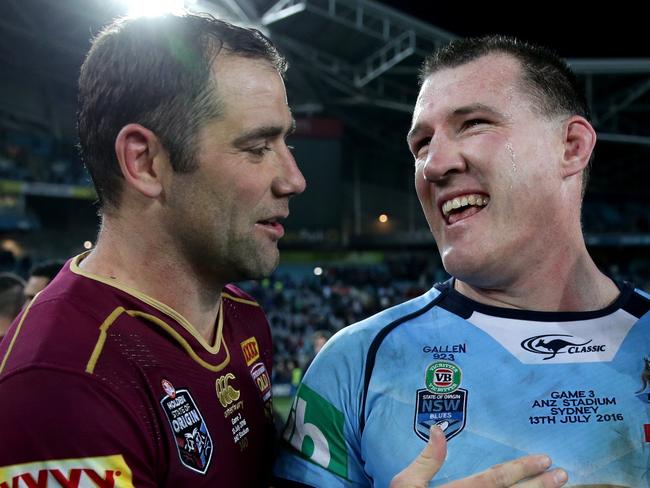 QLD's Cameron Smith congratulates NSW's Paul Gallen after the Blues won game 3 of the 2016 Origin series between the NSW Blues and the Queensland Maroons at ANZ Stadium , Homebush .Picture : Gregg Porteous