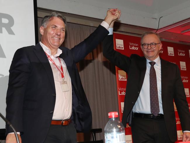 Prime Minister Anthony Albanese and deputy Prime Minister Richard Marles at the Victorian Labor party conference at Moonee Valley Racecourse. Saturday, May 18. 2024. Picture: David Crosling