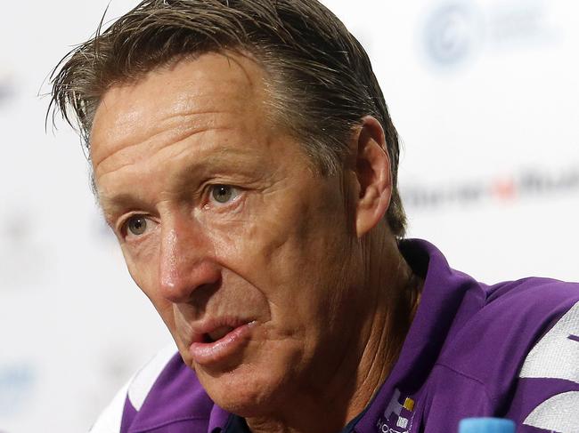 Craig Bellamy pictured addressing the media at the Testimonial Match between the Melbourne Storm and the North Queensland Cowboys at Suncorp Stadium, Brisbane, 23rd of February 2018.  (AAP Image/Josh Woning)