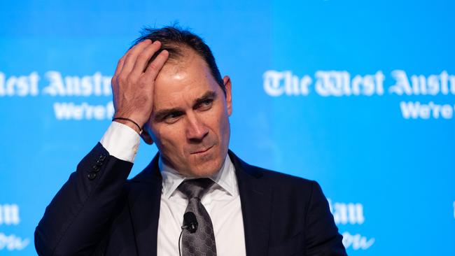Australian cricket coach Justin Langer speaks about the future of Australian cricket with Cricket Australia Chief Executive Officer James Sutherland at a WestEvents lunch at the Perth Convention and Exhibition Centre in Perth, Tuesday, September 11, 2018. (AAP Image/Richard Wainwright) NO ARCHIVING