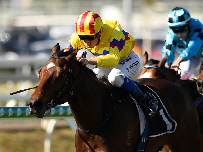 Jockey Blake Shinn rides Vega One to victory in race 4, the 3YO Plate, during the Tattersall's Tiara Raceday at Eagle Farm in Brisbane, Saturday, June 22, 2019.  (AAP Image/Albert Perez) NO ARCHIVING, EDITORIAL USE ONLY