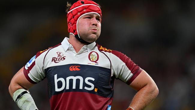 BRISBANE, AUSTRALIA - FEBRUARY 21: Harry Wilson of the Reds looks on during the round two Super Rugby Pacific match between Queensland Reds and Moana Pasifika at Suncorp Stadium, on February 21, 2025, in Brisbane, Australia. (Photo by Albert Perez/Getty Images)