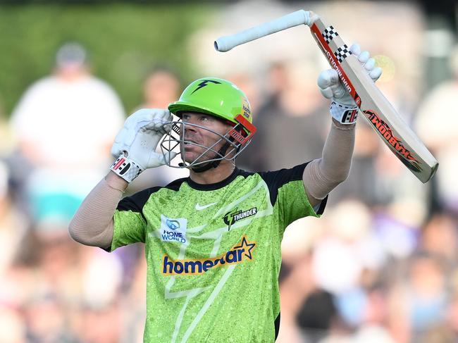 Thunder star David Warner calls for a new bat. Picture: Getty Images