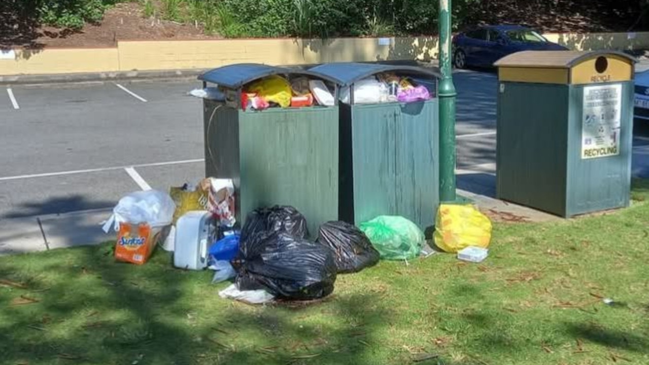 Bins overflowing near an area where homeless people have been camping. Photo: Supplied