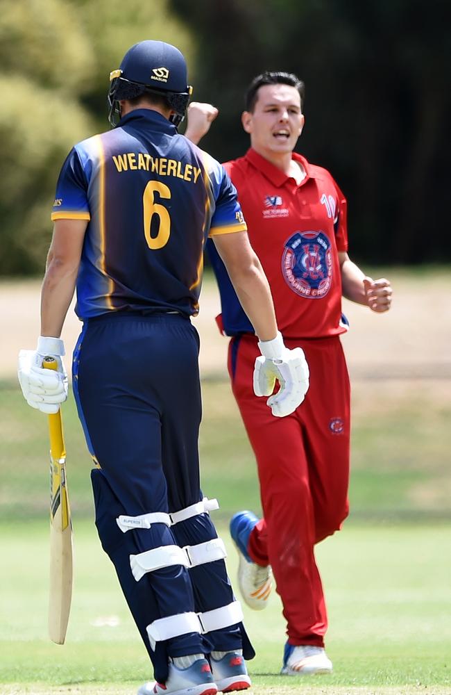 Ringwood batsman Joe Weatherley has to go after being bowled by Zac Mevissen.