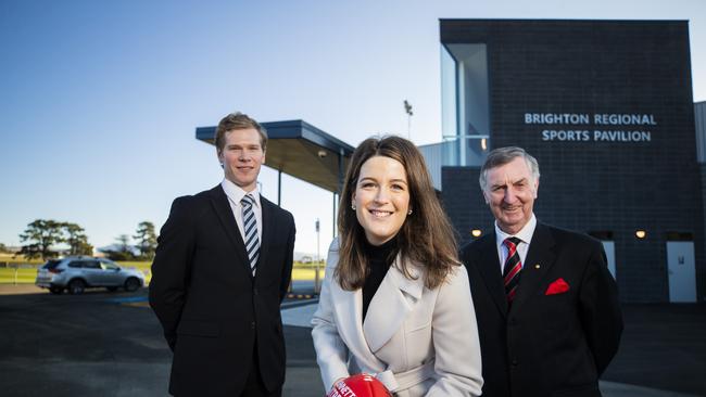 Senior project engineer for Brighton council, Callum Pearce-Rasmussen, Senator Claire Chandler and Mayor Tony Foster. Opening of the $6 million Brighton Regional Sports Pavilion located between the two main oval at Pontville. Picture: Richard Jupe