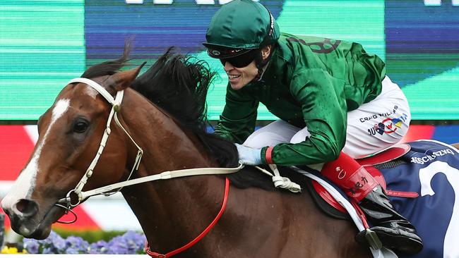 SYDNEY, AUSTRALIA - OCTOBER 19: Craig Williams riding Far Too Easy wins Race 5 The Kosciuszko during Sydney Racing - The Everest Day at Royal Randwick Racecourse on October 19, 2024 in Sydney, Australia. (Photo by Jeremy Ng/Getty Images)