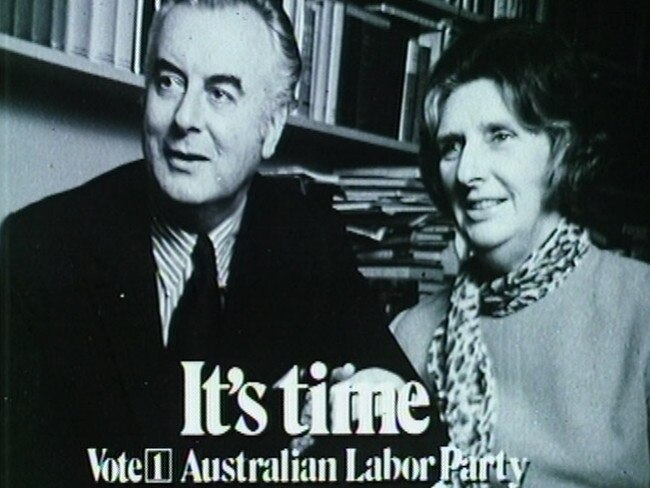 Federal Labor leader Gough Whitlam with wife Margaret feature in an It's Time advertisement in 1972. Picture: File