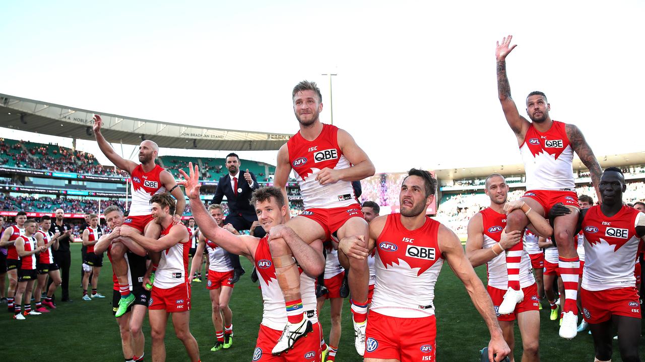 Retiring Sydney Swans players Jarrad McVeigh, Heath Grundy, Nick Smith, Kieren Jack and 300-gamer Lance Franklin.