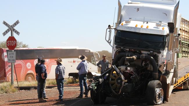 SUNDAY, September 15: A cattle truck has crashed into The Ghan on the Artlunga tourist drive, 50km north of Alice Springs. Picture: Gera Kazakov