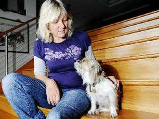 Lennox Head resident Pippa Crane with her dog Scruffy, who is on the mend after being badly mauled by two large dogs which attacked him on Sharpes Beach last Saturday. . Picture: Jay Cronan