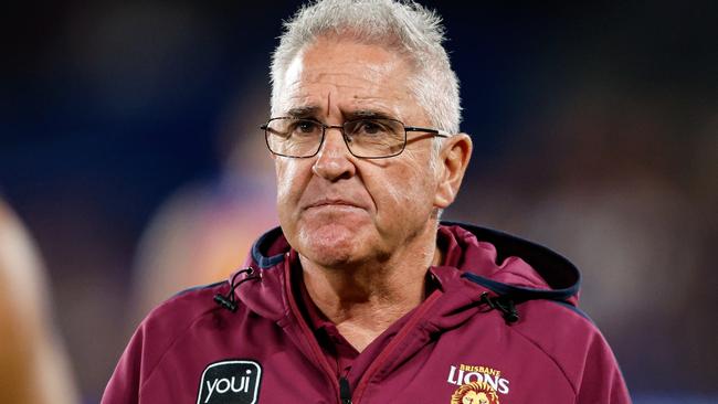 MELBOURNE, AUSTRALIA - JUNE 07: Chris Fagan, Senior Coach of the Lions is seen at three quarter time during the 2024 AFL Round 13 match between the Western Bulldogs and the Brisbane Lions at Marvel Stadium on June 07, 2024 in Melbourne, Australia. (Photo by Dylan Burns/AFL Photos via Getty Images)