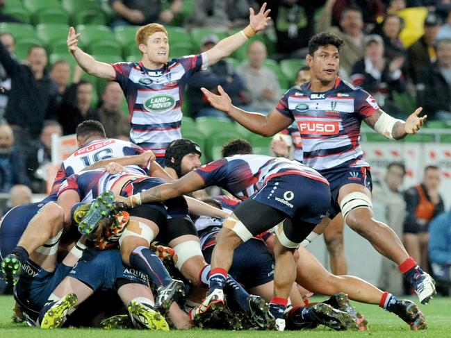 Rebels in action, during the Round 8 Super Rugby match between the Melbourne Rebels and the Brumbies at AAMI Park in Melbourne, Saturday, April 15, 2017. (AAP Image/Joe Castro) NO ARCHIVING, EDITORIAL USE ONLY