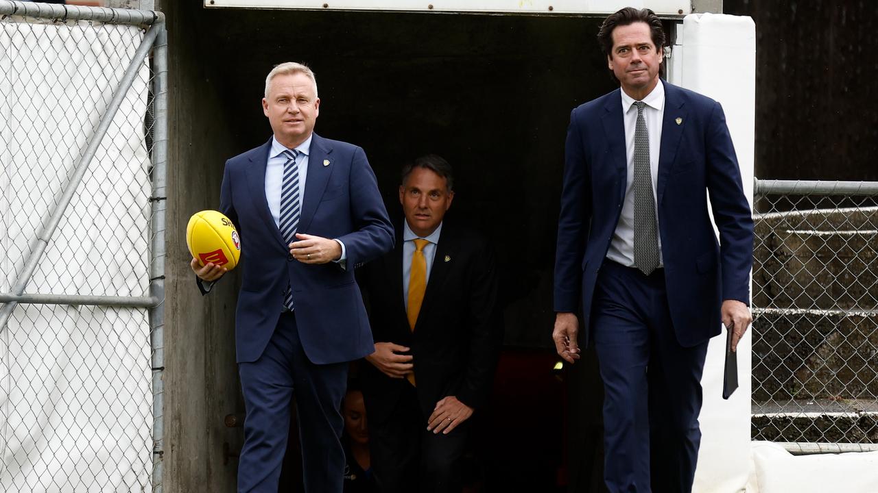 (L-R) Tasmanian Premier Jeremy Rockliff, Acting PM Richard Marles and Gillon McLachlan, Chief Executive Officer of the AFL at the announcement of the newest AFL team. (Photo by Michael Willson/AFL Photos via Getty Images)