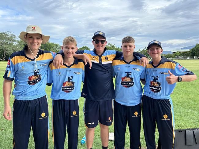 Charlie Lawrence, Isaac Nasser, Nathan Daley and Tallas Blaney (l-r) all representing CFN at U16 Youth Cup in Townsville. Cricket Far North 2024. Source: Atherton Facebook