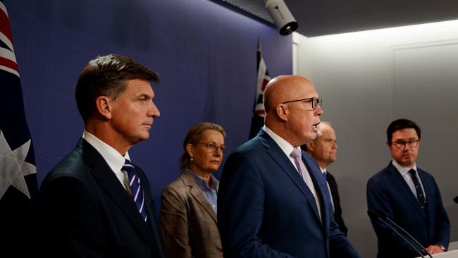 Peter Dutton during a joint press conference with only Australian flags behind him. Wednesday. Picture: NewsWire / Nikki Short