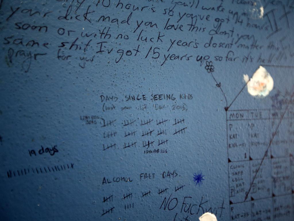 Writing on the wall of an isolation cell at Silverwater Correction Centre. Picture: Tim Hunter