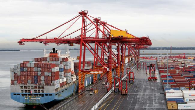 Some of the 45 driverless straddle carriers, used to pick shipping containers at Patrick Port Botany Container terminal.The machines guided by radar are part of a $600 million dollar upgrade of their facility.