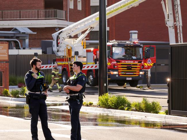 Police and Emergency Services on scene at Caulfield Racecourse where a suspicious fire was soon brought under control in the grandstand . Picture: Ian Currie