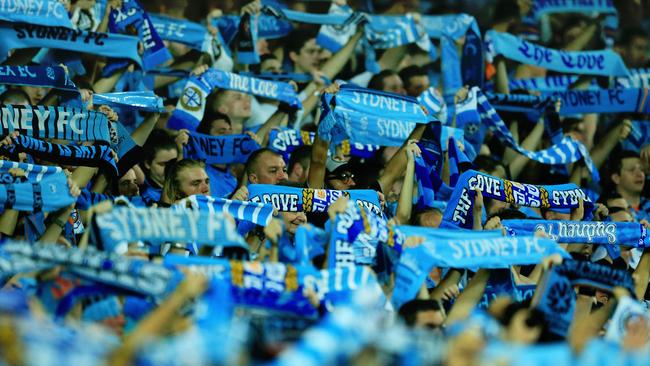 Members of Sydney FC’s ‘Cove’ show their support in an A-League Sydney derby. Picture: Mark Evans