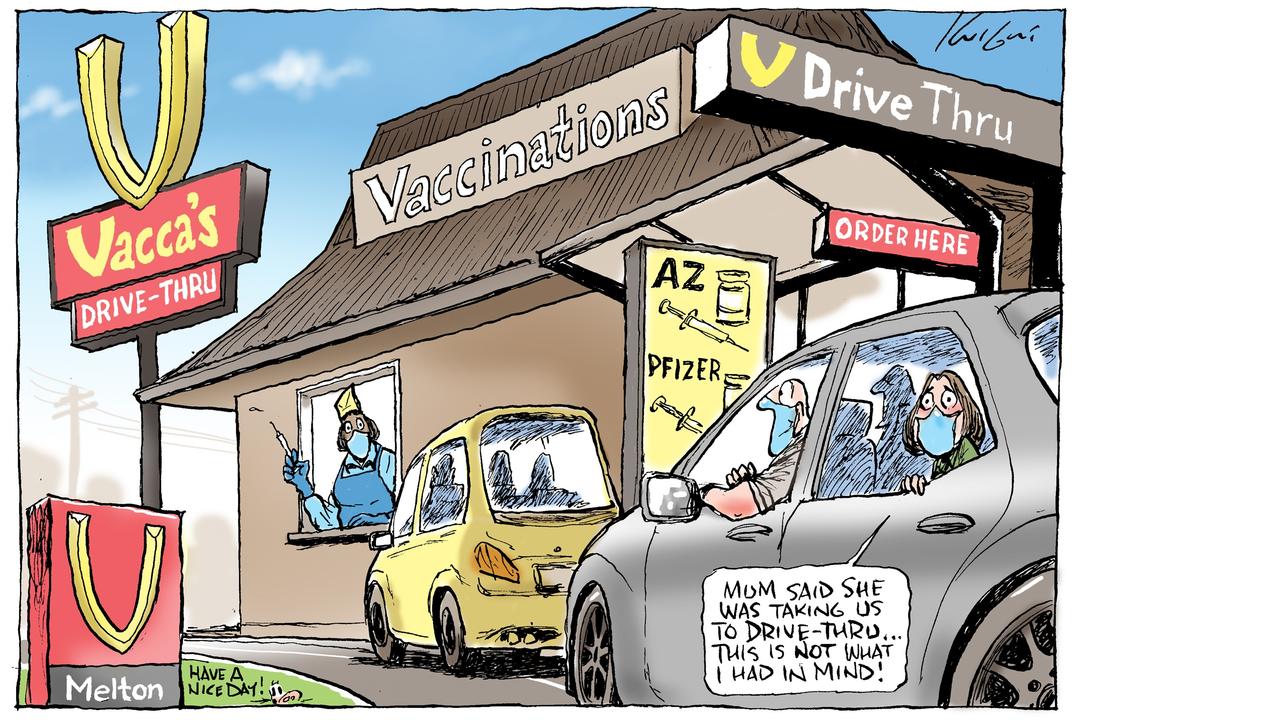 Cartoonist Mark Knight compares Australia's first drive through vaccination centre with a McDonalds drive through.