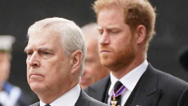 Britain's Prince Andrew, Duke of York (L) and Britain's Prince Harry, Duke of Sussex arrive at the State Funeral of Queen Elizabeth II, held at Westminster Abbey, London on September 19, 2022. (Photo by James Manning / POOL / AFP)