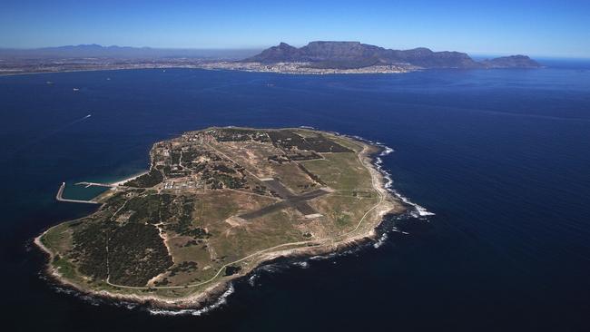 An aerial view of Robben Island, Cape Town, Western Cape Province, South Africa. Nelson Mandela was jailed on the island for 18 of his 27 years behind bars.