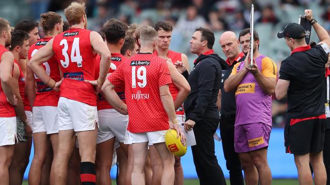 Brad Scott addresses his troops. Picture: Getty Images