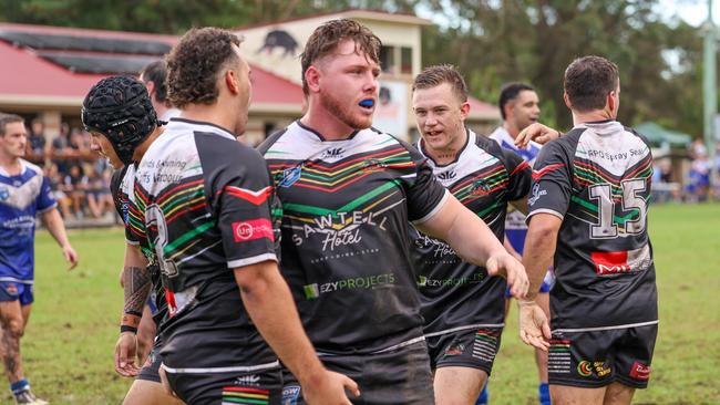 The Panthers celebrate Luke Hetherington’s try. Picture: D Wigley
